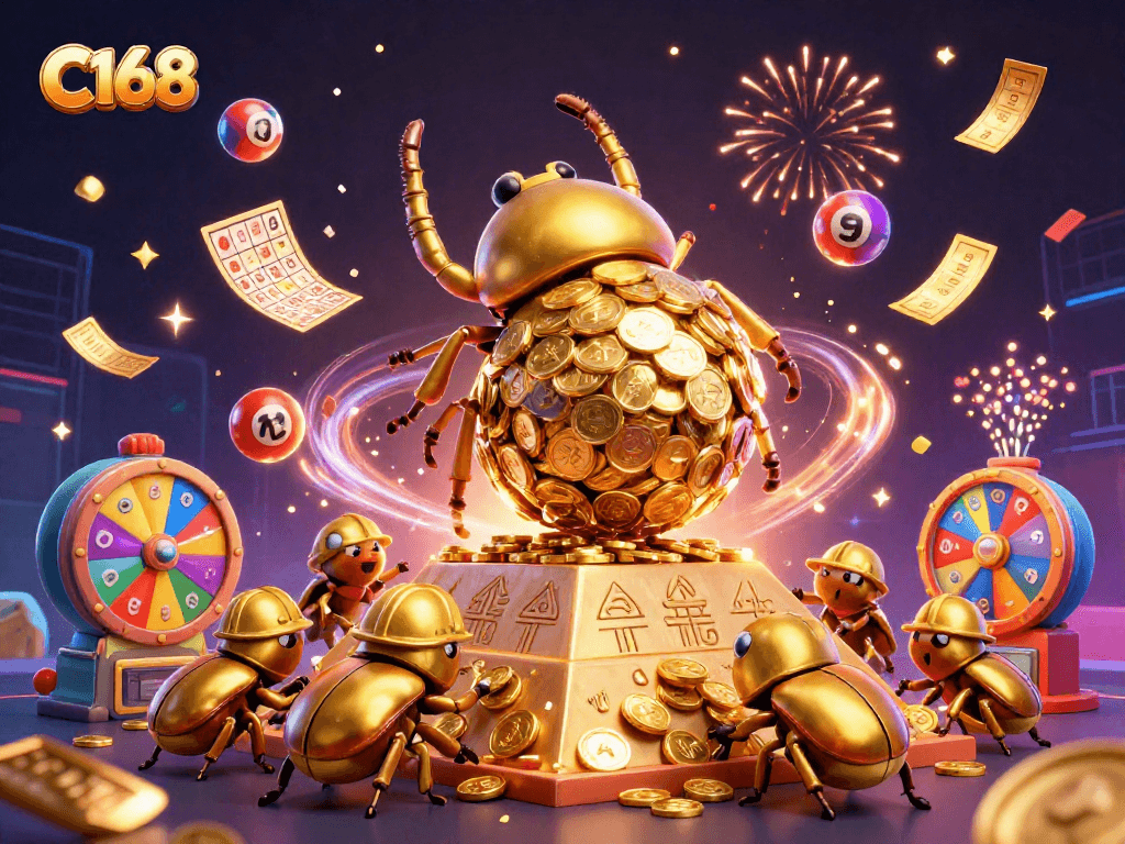 C168 players enjoying a vibrant casino atmosphere with golden coins and lottery elements swirling around.