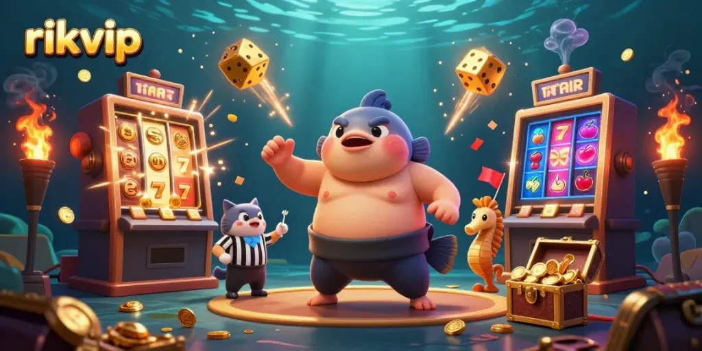 Experience excitement with rikvip's massive jackpot explosion and vibrant underwater scene featuring iconic casino elements.