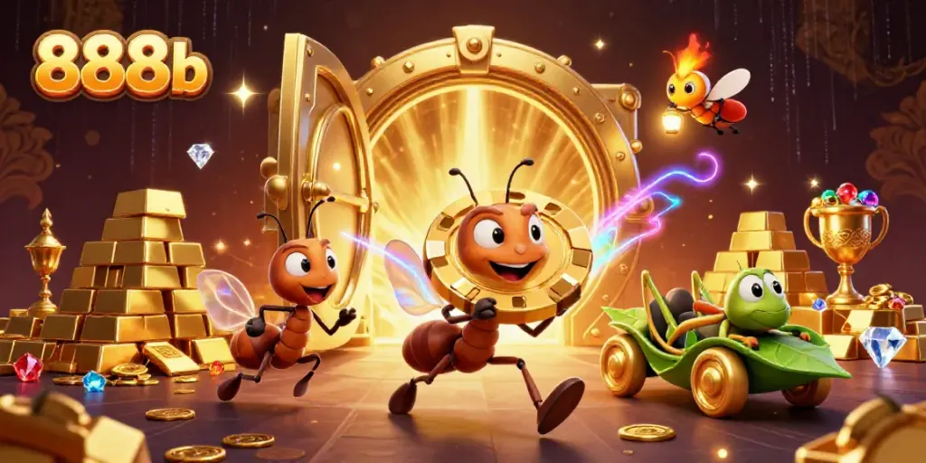 Ants in a heist carrying a golden poker chip, symbolizing 888b's dynamic gambling experience.