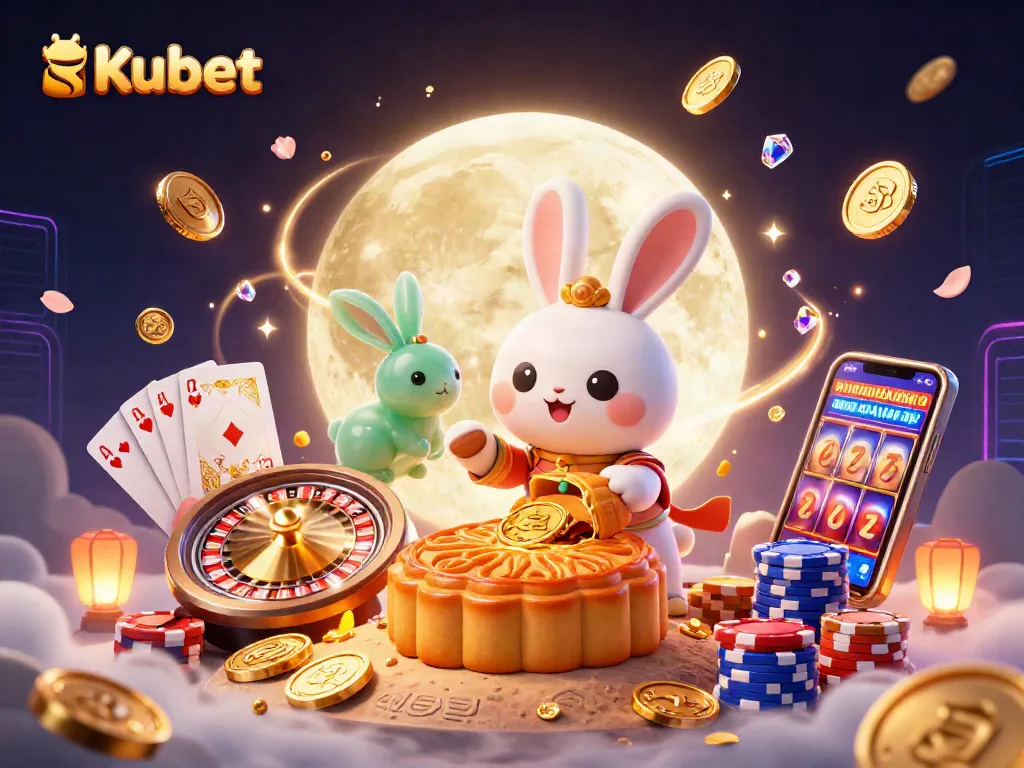 Kubet promotes thrilling gaming experiences with a striking moon rabbit scene amidst vibrant casino elements.