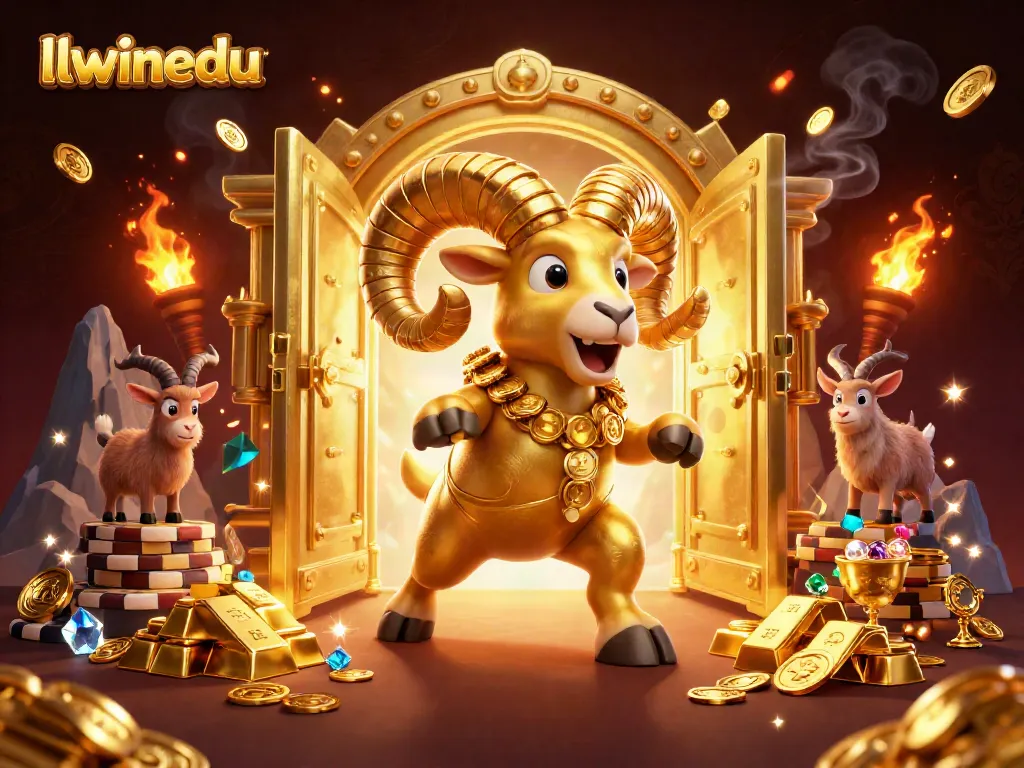 Experience the vibrant gaming atmosphere of llwinedu with a golden ram charging through a treasure vault.