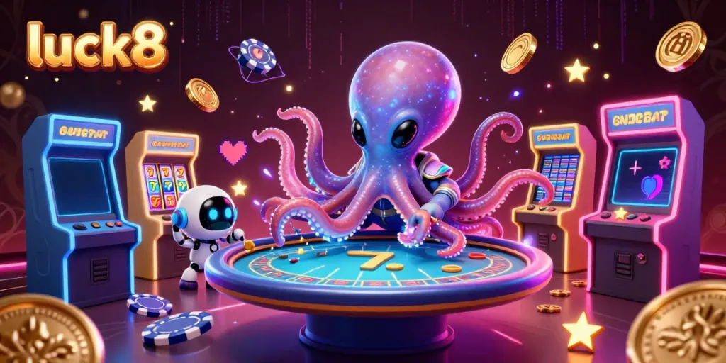 Spin the reels of luck8's thrilling slot machines as the alien octopus and robot embark on an intergalactic gaming adventure.