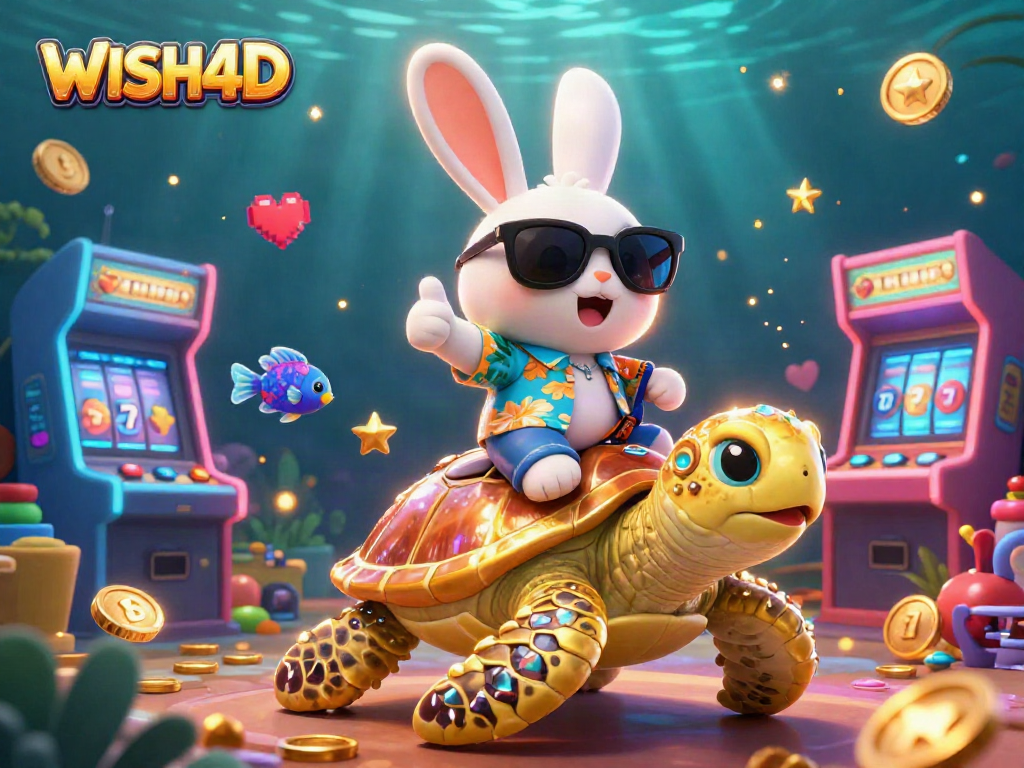 Engage with WISH4D in this lively 3D illustration of a lucky rabbit and golden sea turtle amid casino elements.