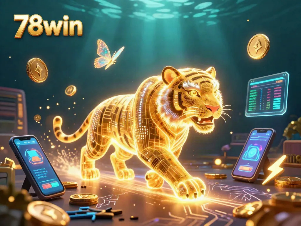 Engage with 78win in a vibrant digital casino scene featuring a neon-wireframe tiger and crypto elements.