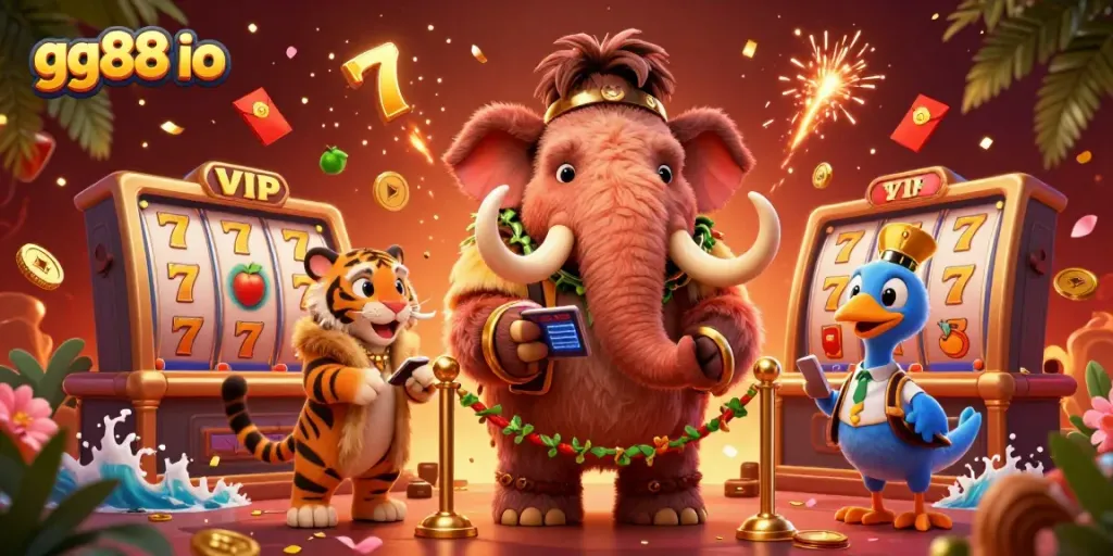 Experience excitement at gg88 io with a captivating 3D casino scene featuring unique characters and vibrant visuals.