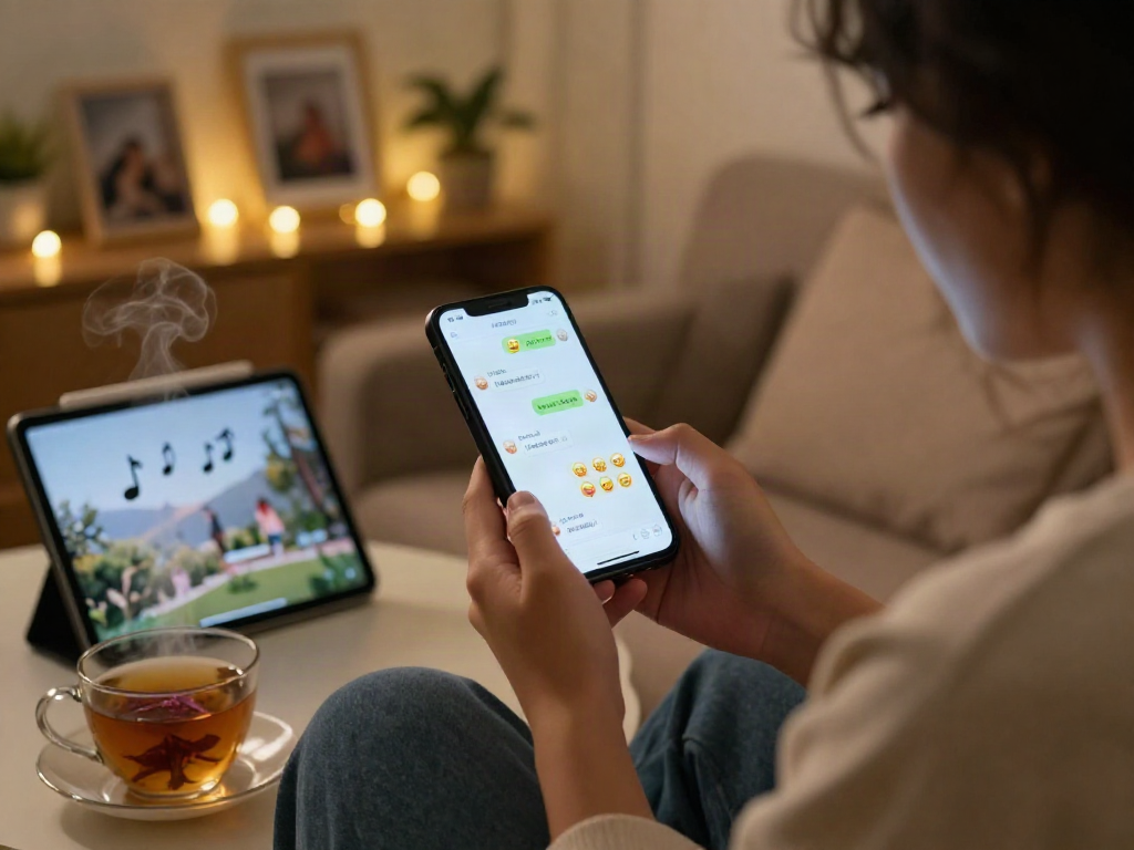 Engaging in ai sexting on a smartphone, cozy indoor scene with soft lighting.