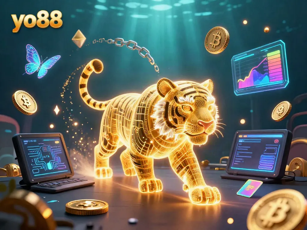 Experience thrilling gameplay with yo88's neon tiger and crypto elements in a vibrant digital casino.