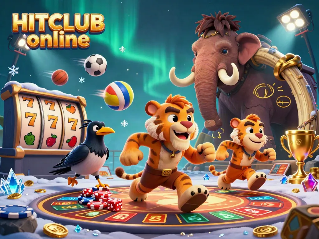 HITCLUB online brings casino excitement with animated caveman duo and sports elements in a vibrant setting.