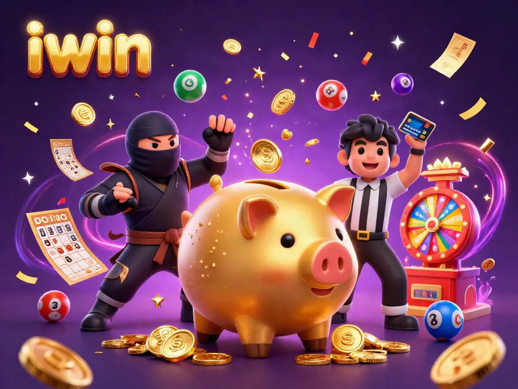 Experience the thrill of iwin's casino world with a vibrant 3D illustration featuring a golden piggy bank and dynamic gaming elements.