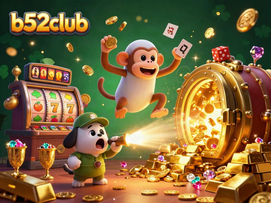 Engage with the b52club casino magic, as a mischievous poltergeist monkey juggles golden treasures in an enchanting scene.