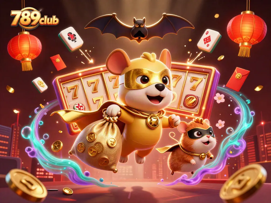 Experience exciting gameplay with 789club as a superhero dog leads the adventure through a vibrant casino scene.