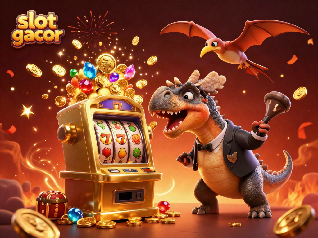 Catch slot gacor jackpots in a vibrant casino scene with colorful characters and dynamic elements.