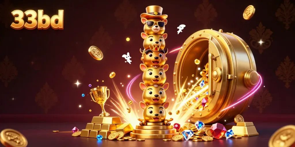 Experience the vibrant energy of 33bd with dynamic casino-themed characters and golden treasures.