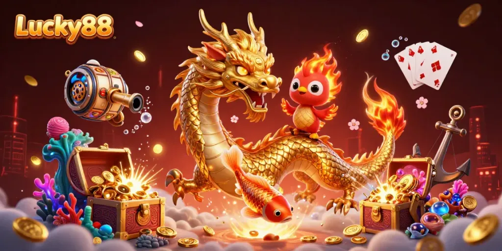 Experience the thrill of Lucky88 with a vibrant 3D scene featuring a golden dragon, phoenix, and koi fish among sprawling treasures.