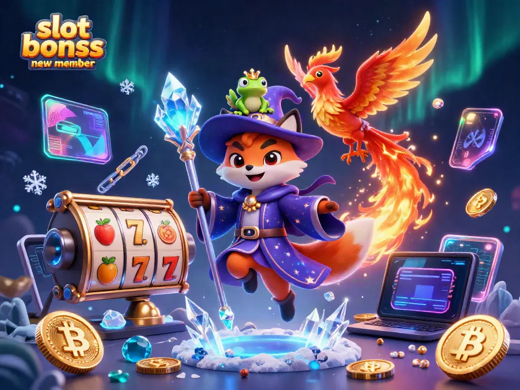 Win big with slot bonus new member depicted in a vibrant 3D fantasy scene of magical characters and slot elements.