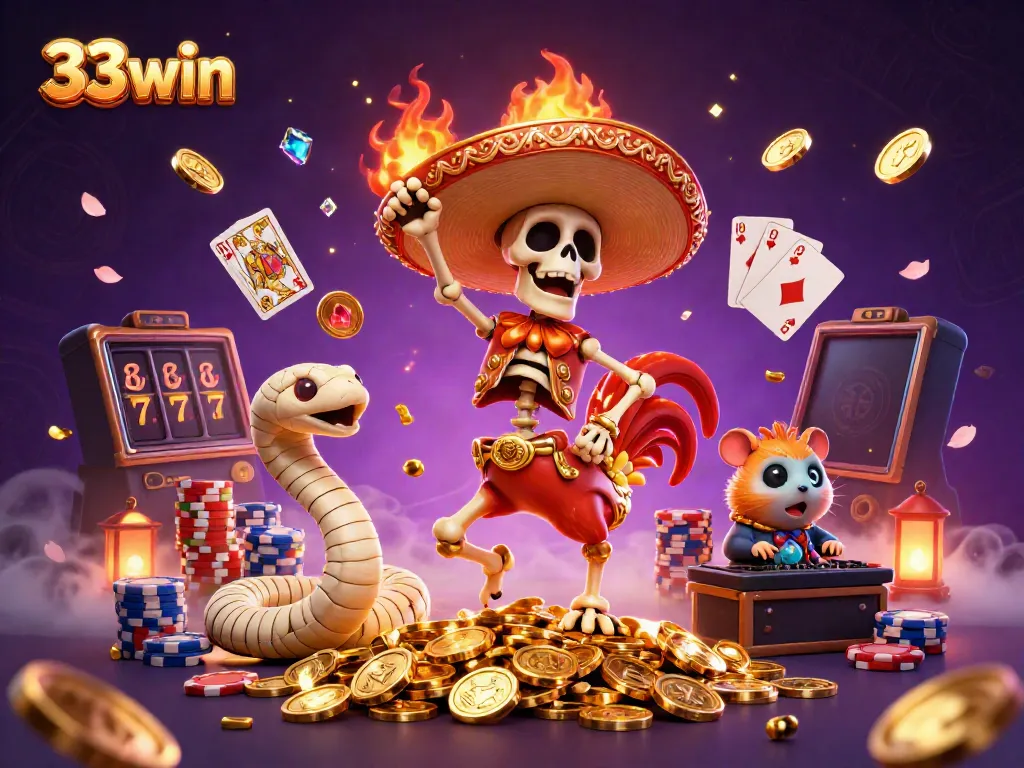 Experience the excitement of 33win with a vibrant casino scene featuring a dancing mariachi skeleton, jewels, and action.