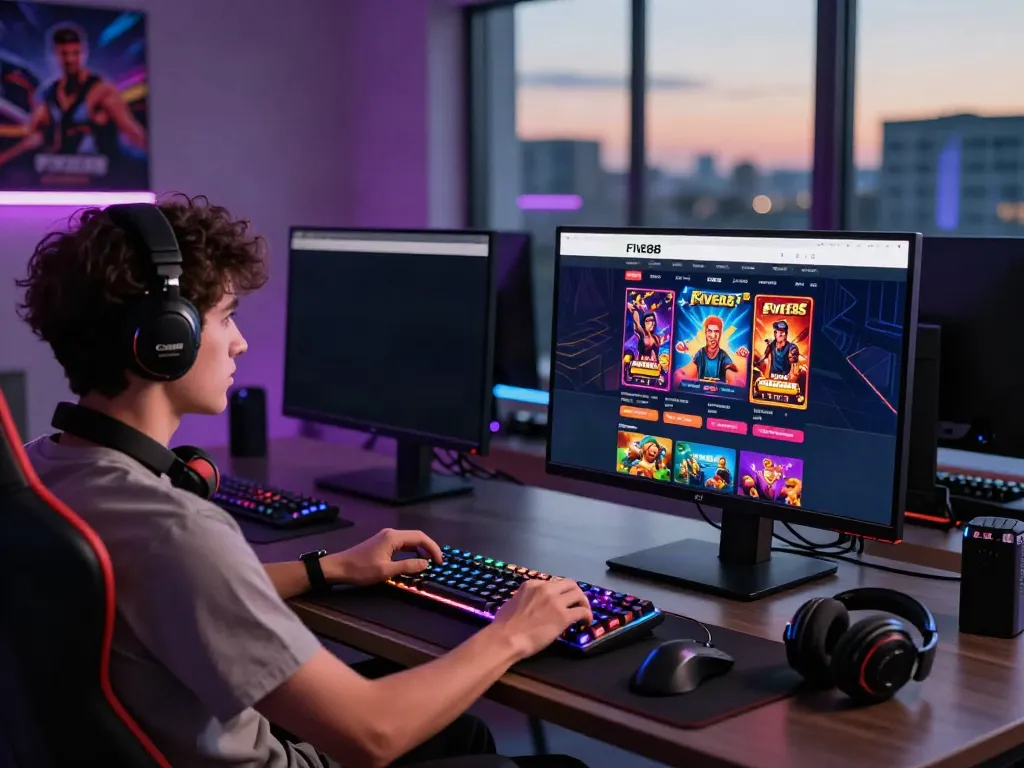 Engaged gamer exploring the FIVE88 online gaming platform with vibrant visuals and dynamic atmosphere.