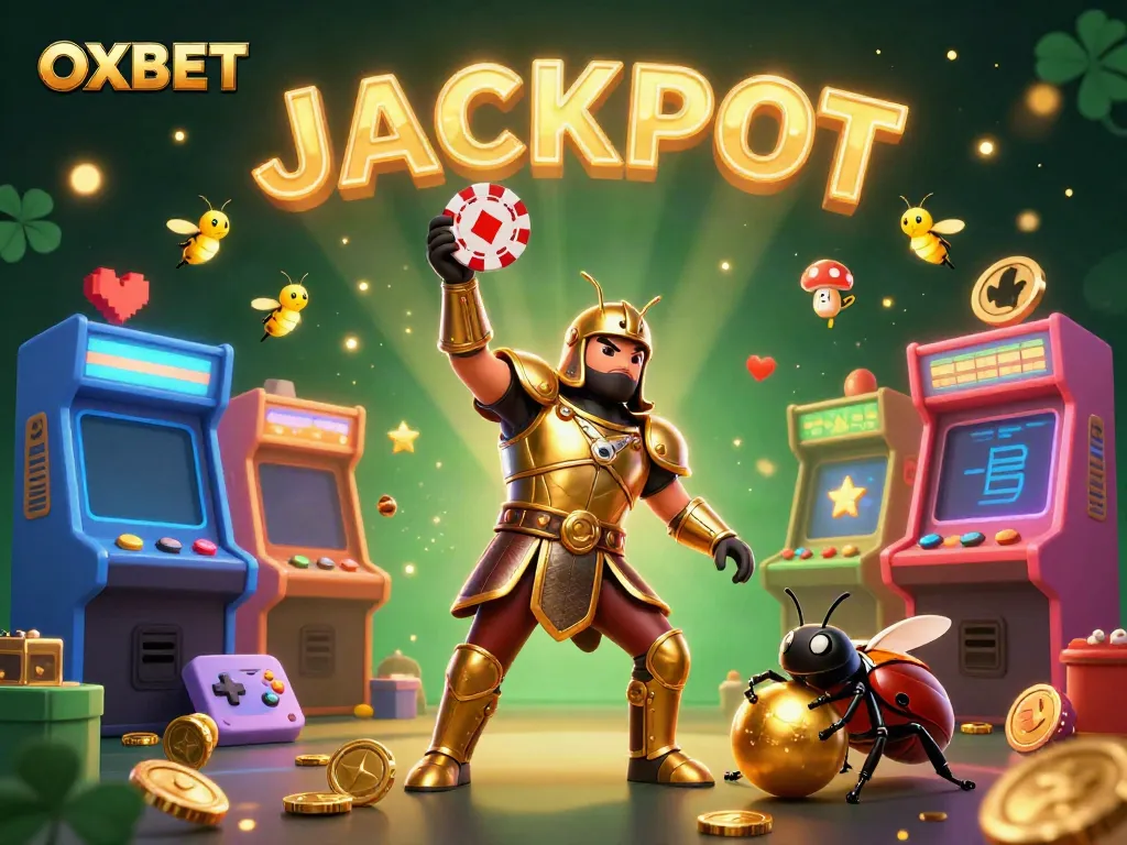 OXBET features a victorious beetle in golden armor among vibrant casino elements, celebrating gaming.