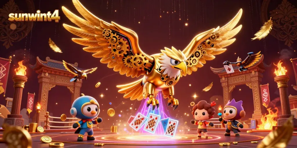 Experience thrilling gameplay at sunwint4 with a cybernetic eagle soaring through holographic cards.