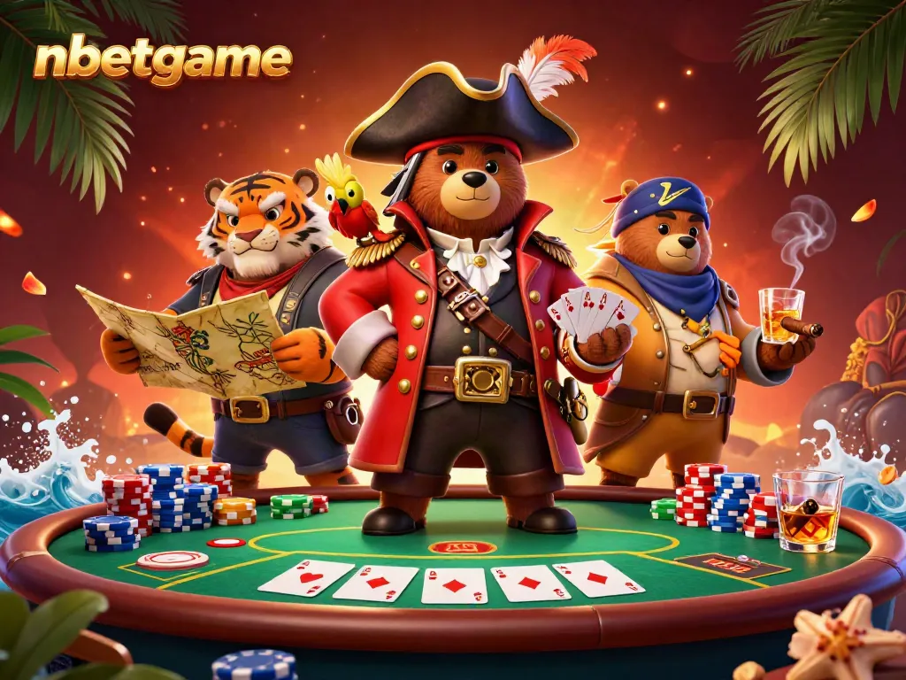 Experience nbetgame's thrilling casino adventure with a pirate bear and his crew playing poker.