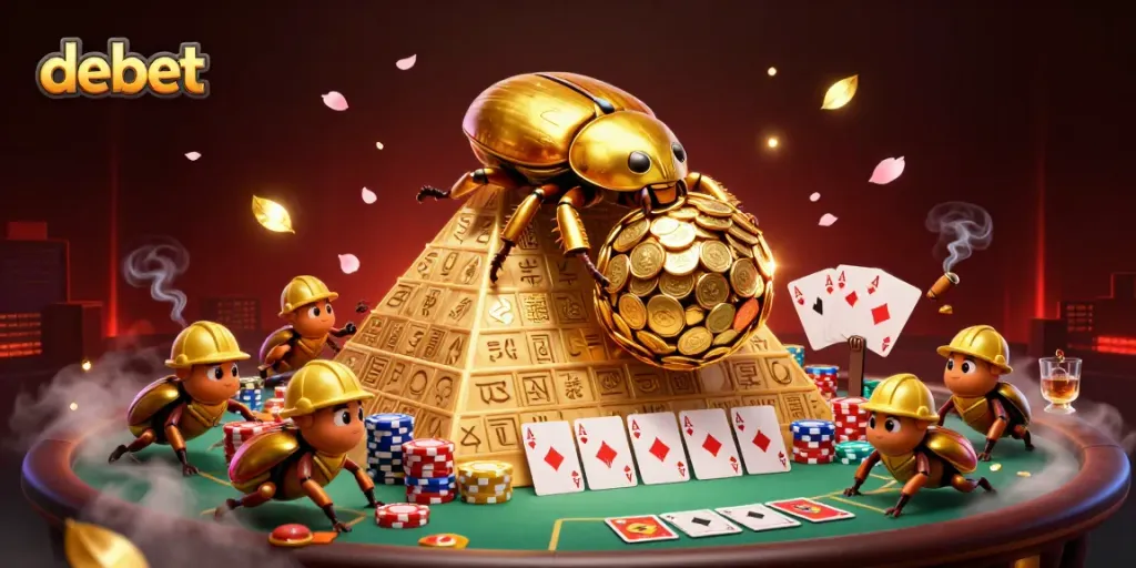 Experience debet gambling with a 3D beetle team rolling coins in a lively casino pyramid scene.