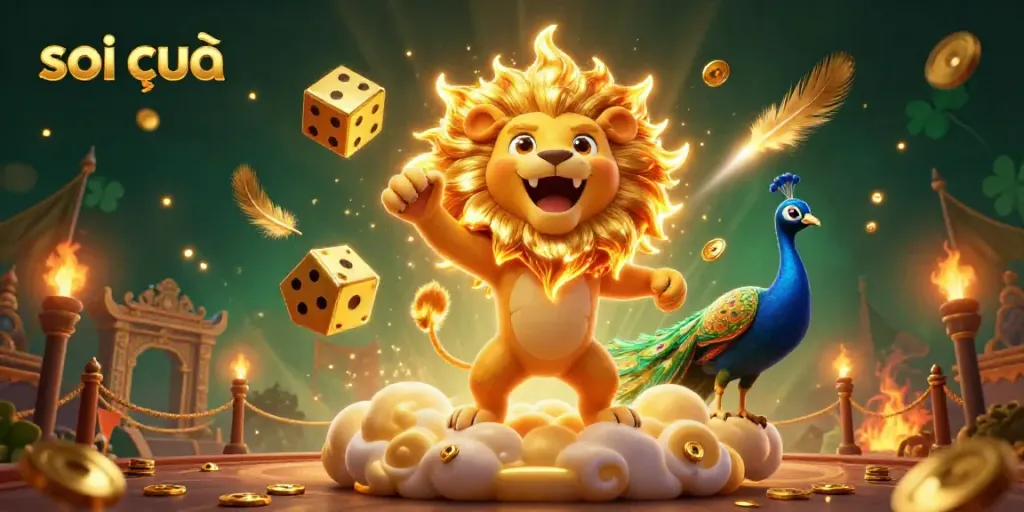 Engage in soi cầu with vibrant 3D lion and dice amidst a dynamic, casino-themed background.