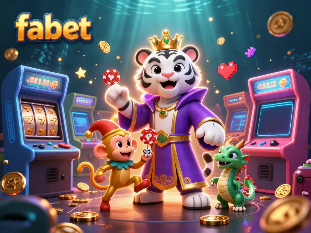 Engage in thrilling games at fabet featuring a playful tiger, monkey, and glowing slot machines.