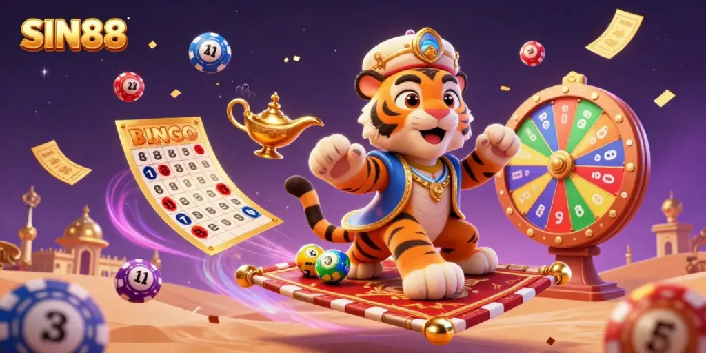 SIN88 engages players with a vibrant 3D illustration of a tiger sultan on a flying carpet surrounded by lottery elements.