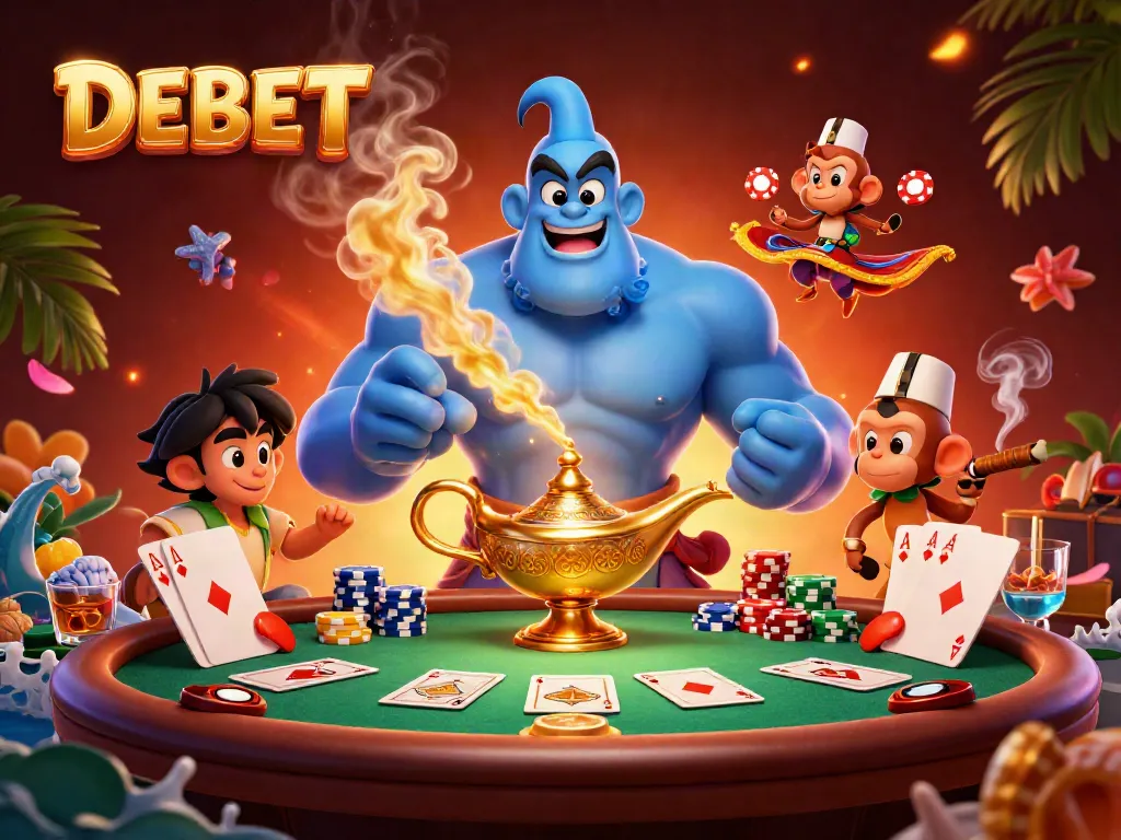 Experience the energetic atmosphere of DEBET with a vibrant 3D casino scene, featuring a genie, monkey, and poker action.