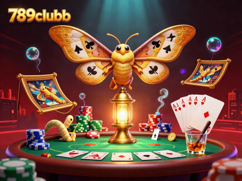 Engage with 789clubb's vibrant casino scene featuring a majestic moth, poker chips, and championship elements.