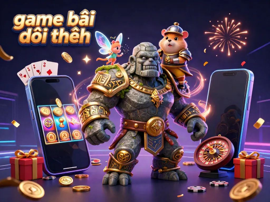 Engage in the game bài đổi thưởng with a vibrant scene featuring a golem, a fairy, and a hamster knight surrounded by casino elements.