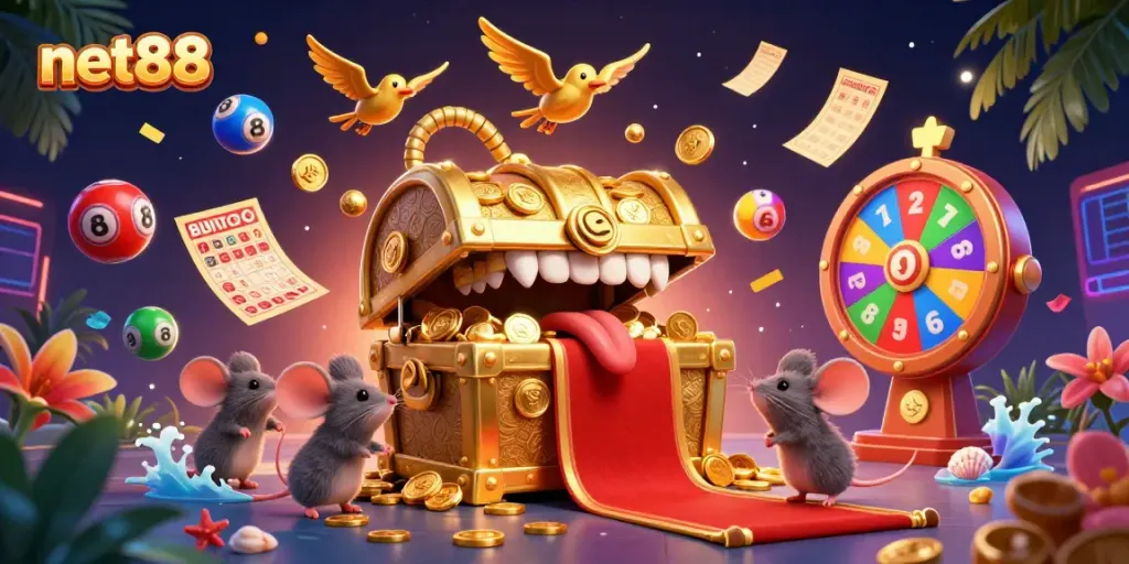 Engage in thrilling fun at net88 with vibrant lottery elements and alluring treasure chest visuals.