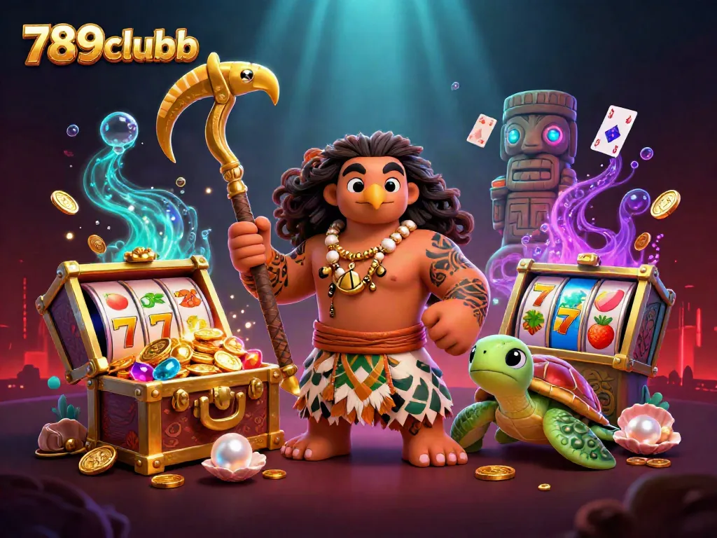 Experience exciting wins at 789clubb with a dynamic illustration of a demigod and slot games.