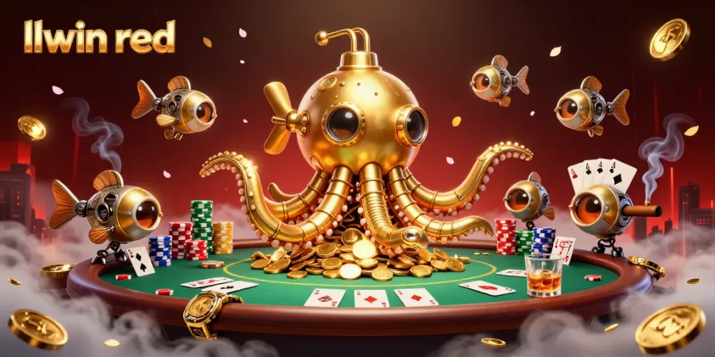 Engage with llwin red's thrilling atmosphere, featuring a vibrant casino scene with a golden kraken and poker action.