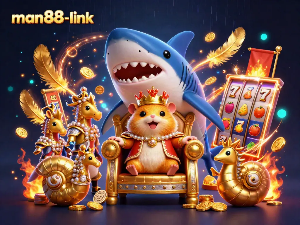 Experience excitement at man88-link with a golden hamster king surrounded by vibrant casino elements.