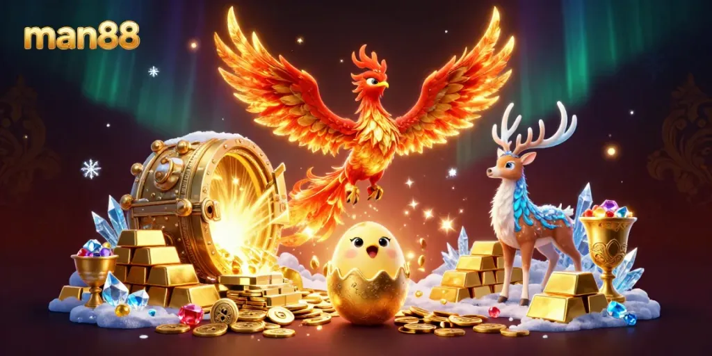 Experience man88's vibrant online gaming world as a phoenix rises among treasures.