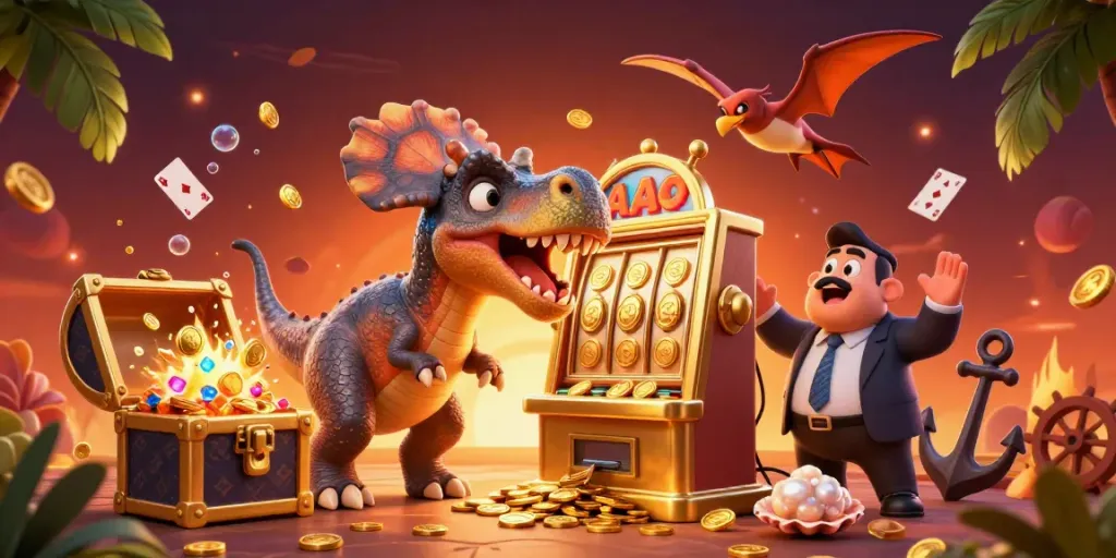UK88's pachycephalosaurus hits a jackpot on a golden slot machine amid vibrant casino chaos.