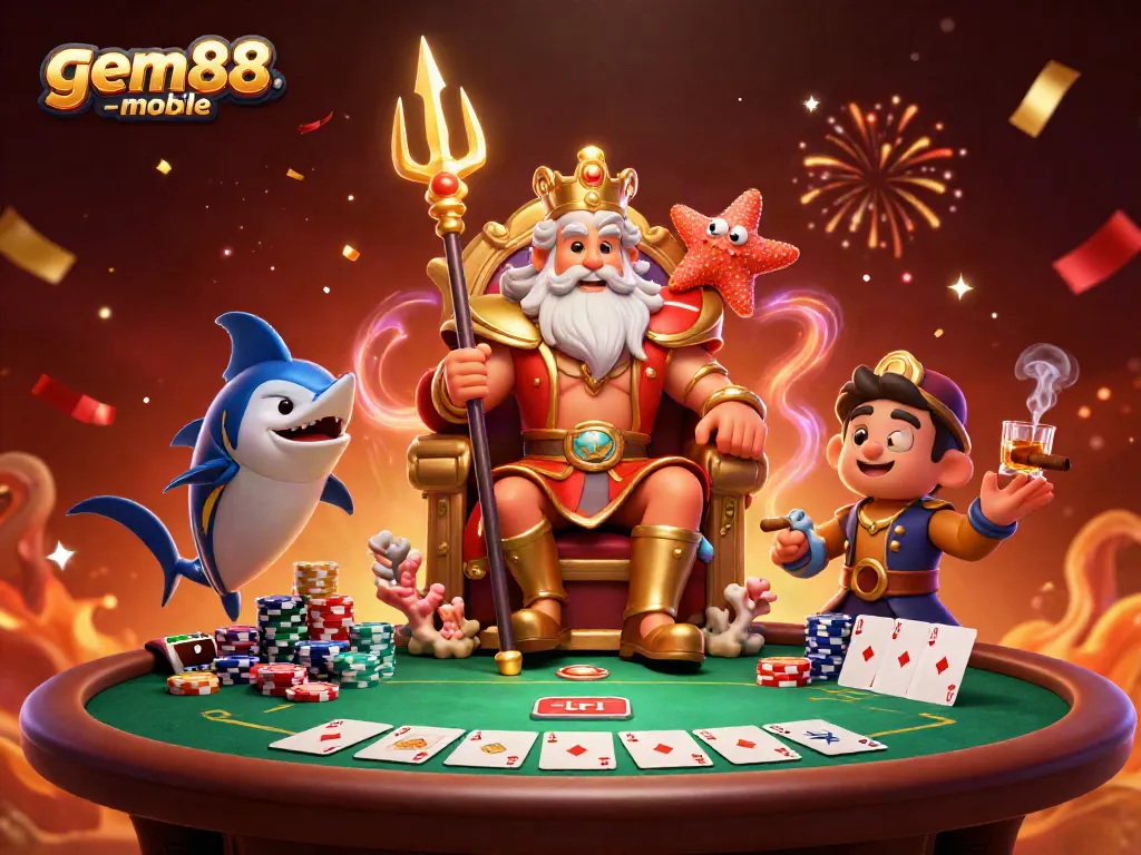 Engage in thrilling gameplay at gem88-mobile with Neptune, poker chips, and festive confetti.