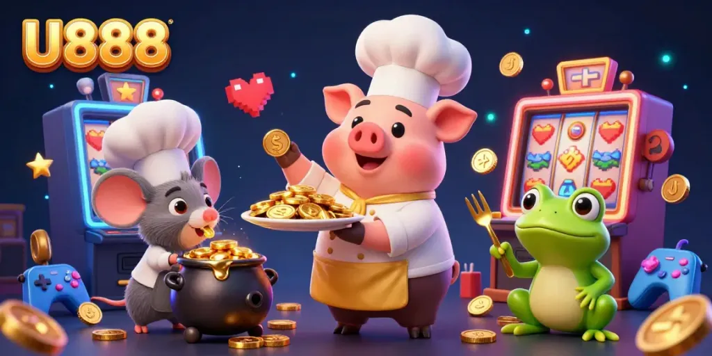 Engage in thrilling slots at U888 with a vibrant scene of cartoon characters celebrating with gold coins.