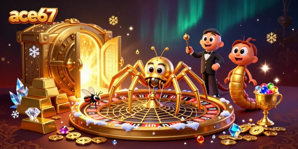 Experience thrill with ace67's dynamic 3D illustration of a spider, fly, and centipede in a vibrant casino scene.