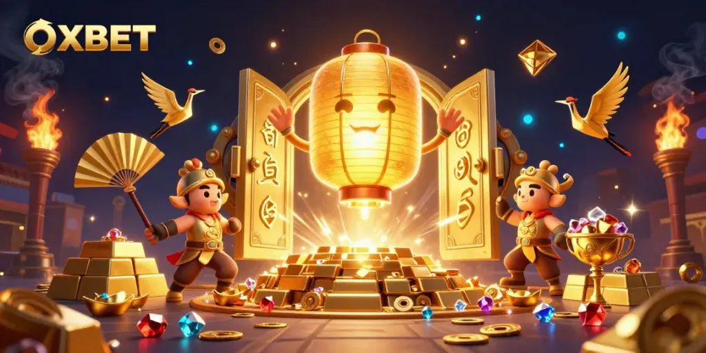 Experience the vibrant OXBET casino realm with enchanting golden lantern spirits and treasures.