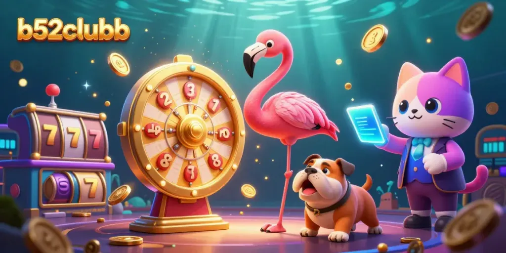 Join the excitement at b52clubb with a vibrant casino scene showcasing a flamingo host, bulldog contestant, and jackpot slots.