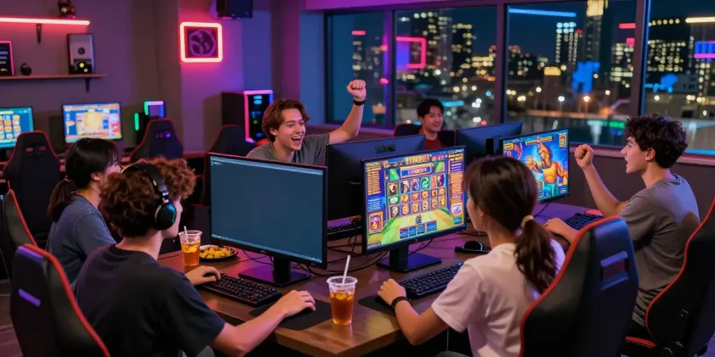 Diverse group celebrating big wins at Situs gacor gaming table in vibrant lounge.