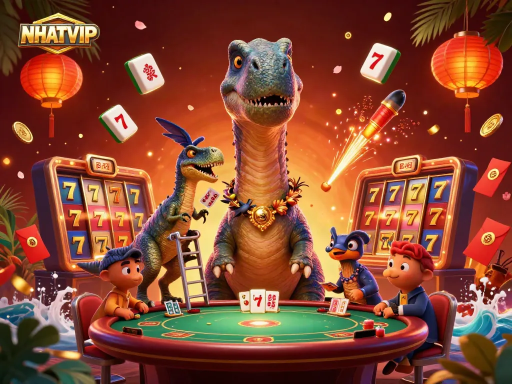 Play exciting games at NHATVIP with a whimsical scene featuring giant cartoon dinosaurs and casino elements.