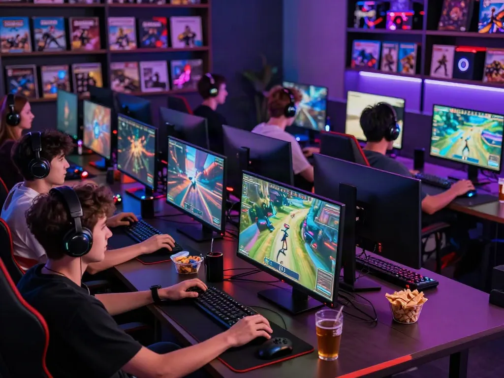 Kilat404 players immersed in exciting online gaming experience with vibrant energy and colorful atmosphere.