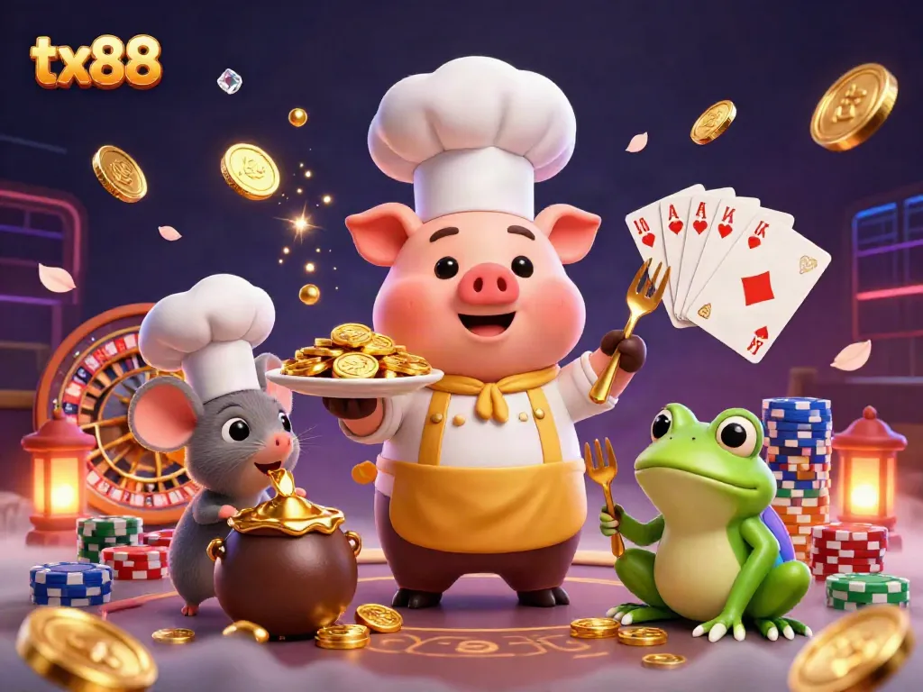 Experience the vibrant tx88 casino world with a chef pig serving gold coin dishes in an energetic 3D scene.