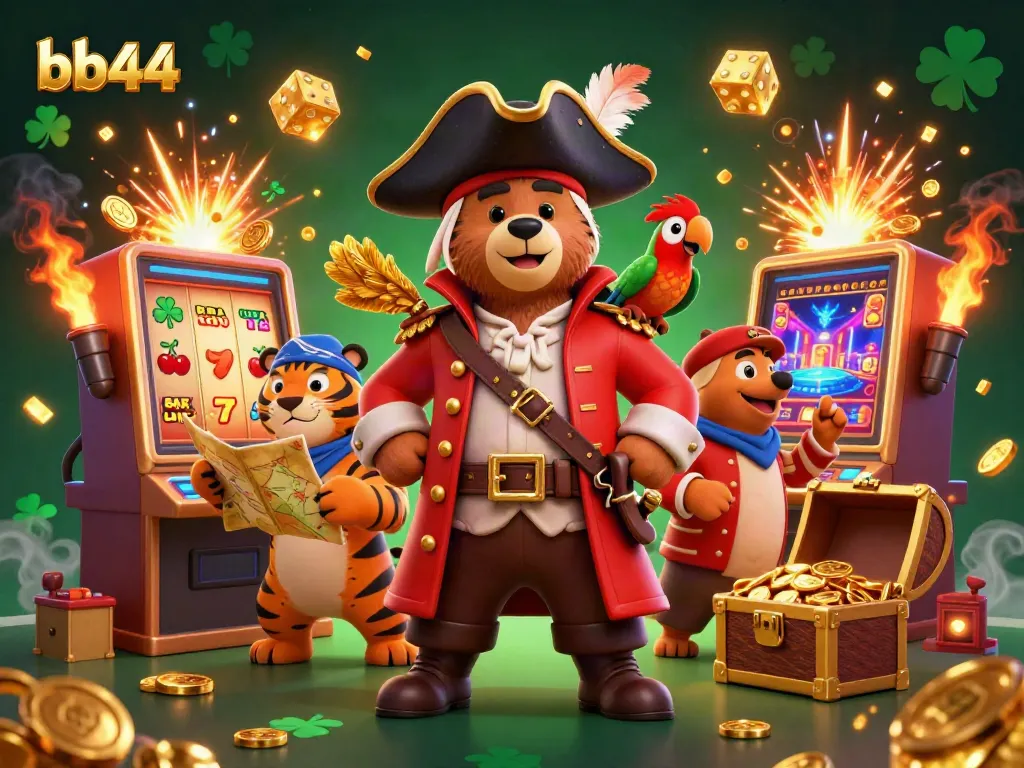 Experience thrilling gameplay at bb44 with a 3D pirate-themed casino scene featuring jackpot explosions and vibrant characters.