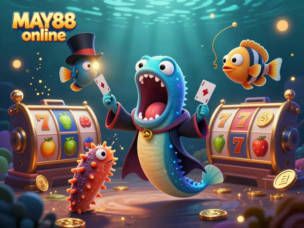 Engage with exhilarating MAY88 online slot action featuring whimsical sea creatures and vibrant casino elements.