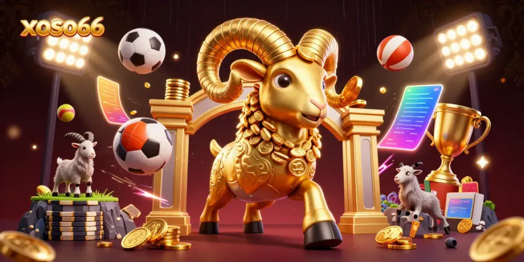 Experience excitement with xoso66 in an action-packed 3D casino illustration featuring dynamic sports elements.