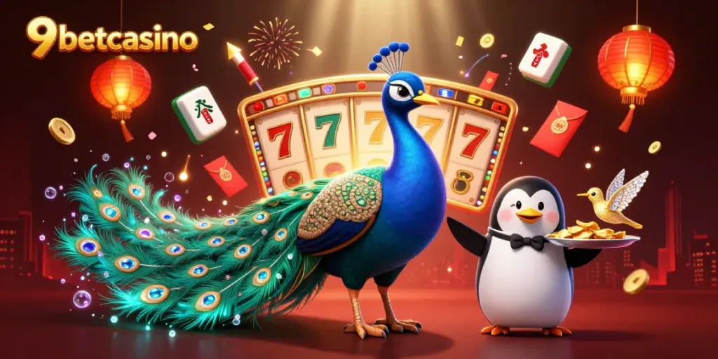 Dive into 9betcasino's vibrant gaming scene featuring colorful characters and slot elements.
